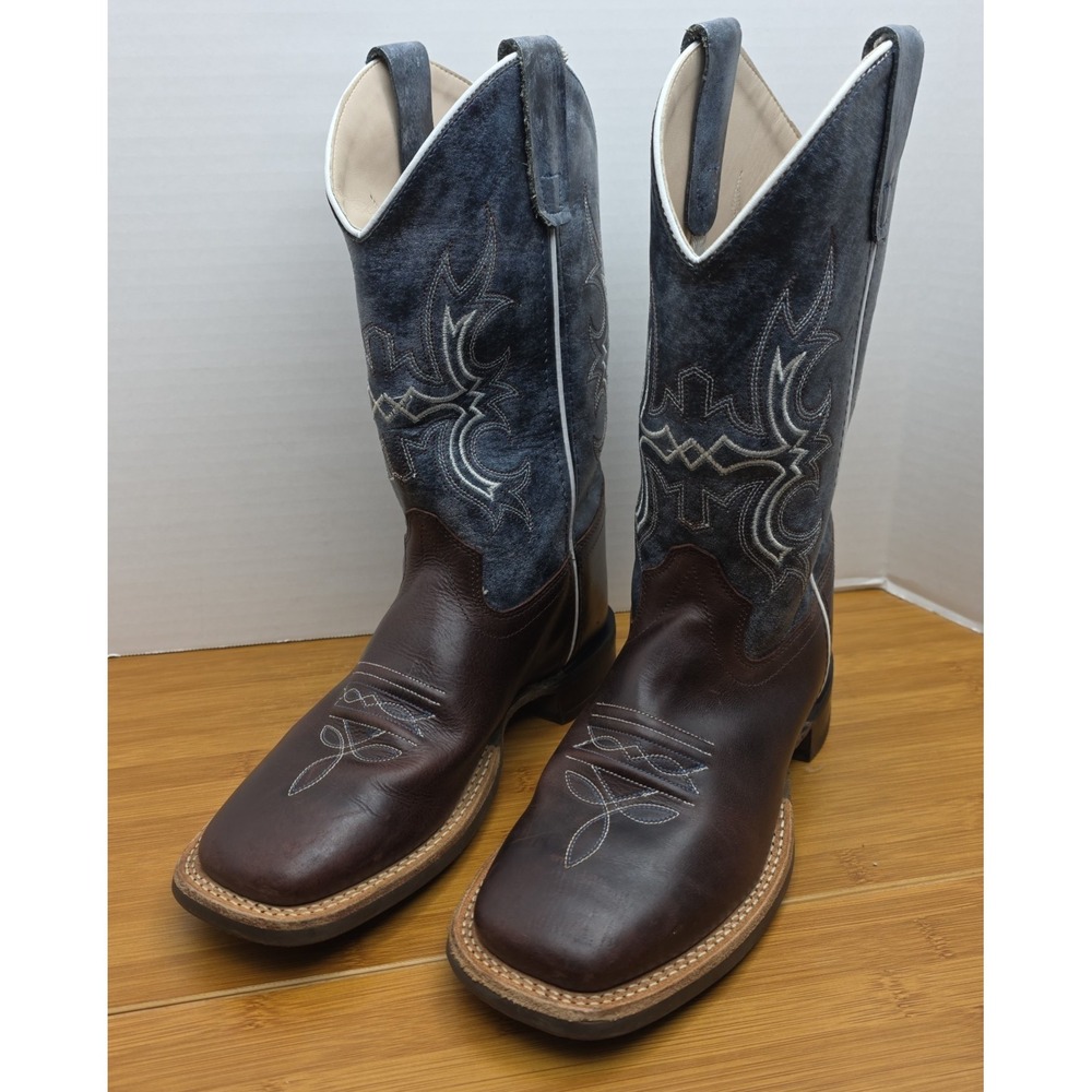 Old West Youth Unisex Broad Square Brown Blue Leather Cowboy Boots 1914 5D